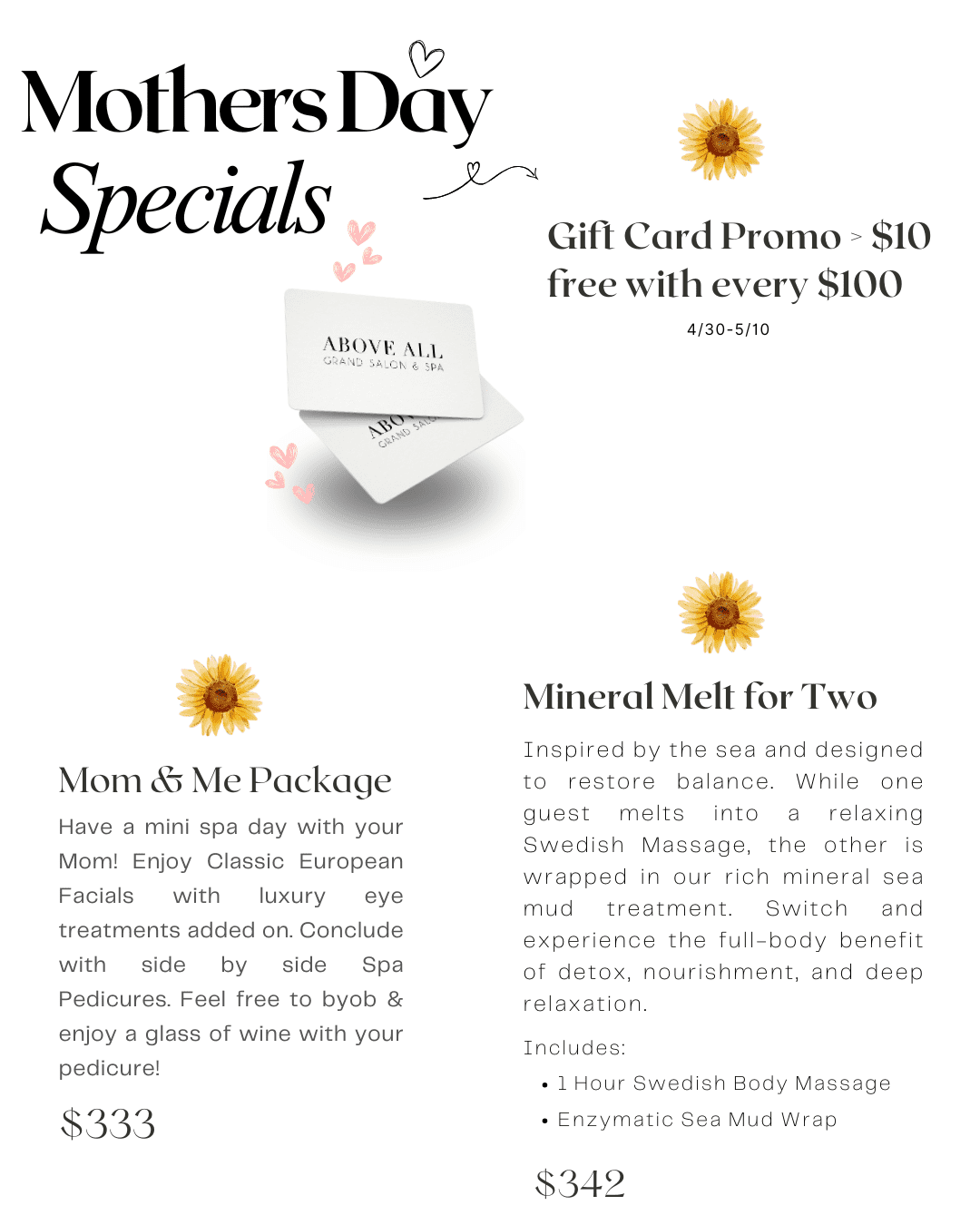 Mothers Day spa specials poster with gift card promo and relaxing treatment packages.
