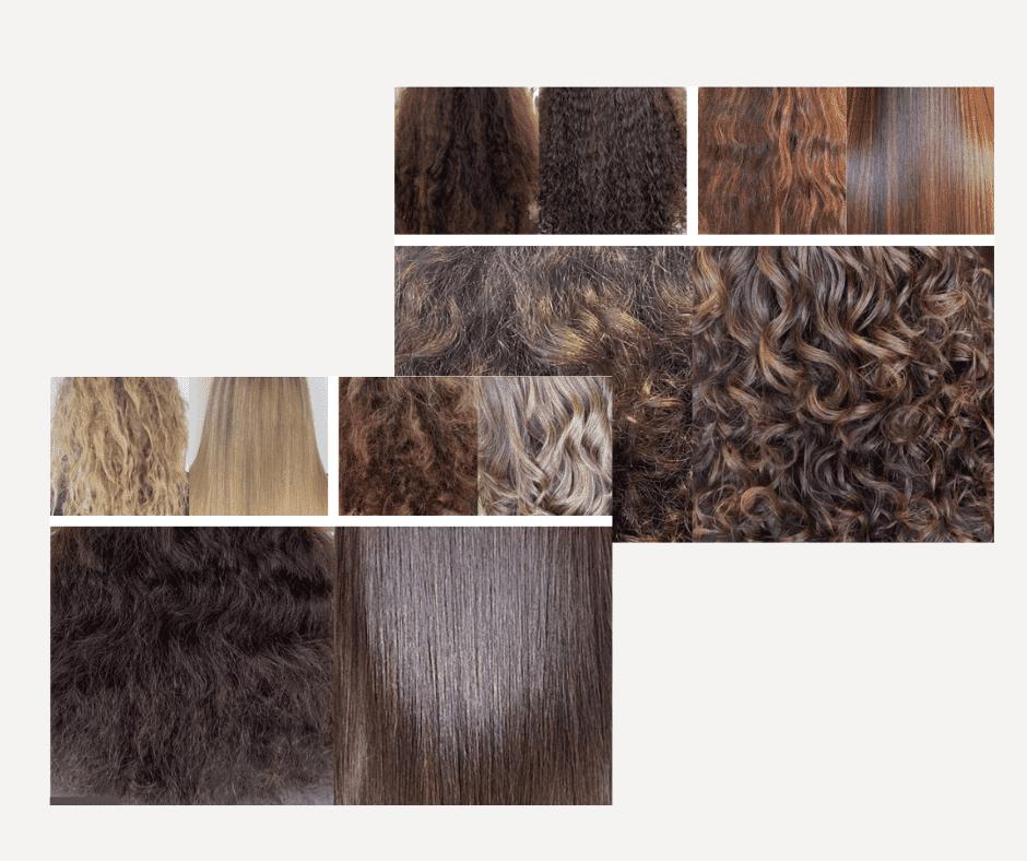 Various hair textures and colors shown in close-up panel display.