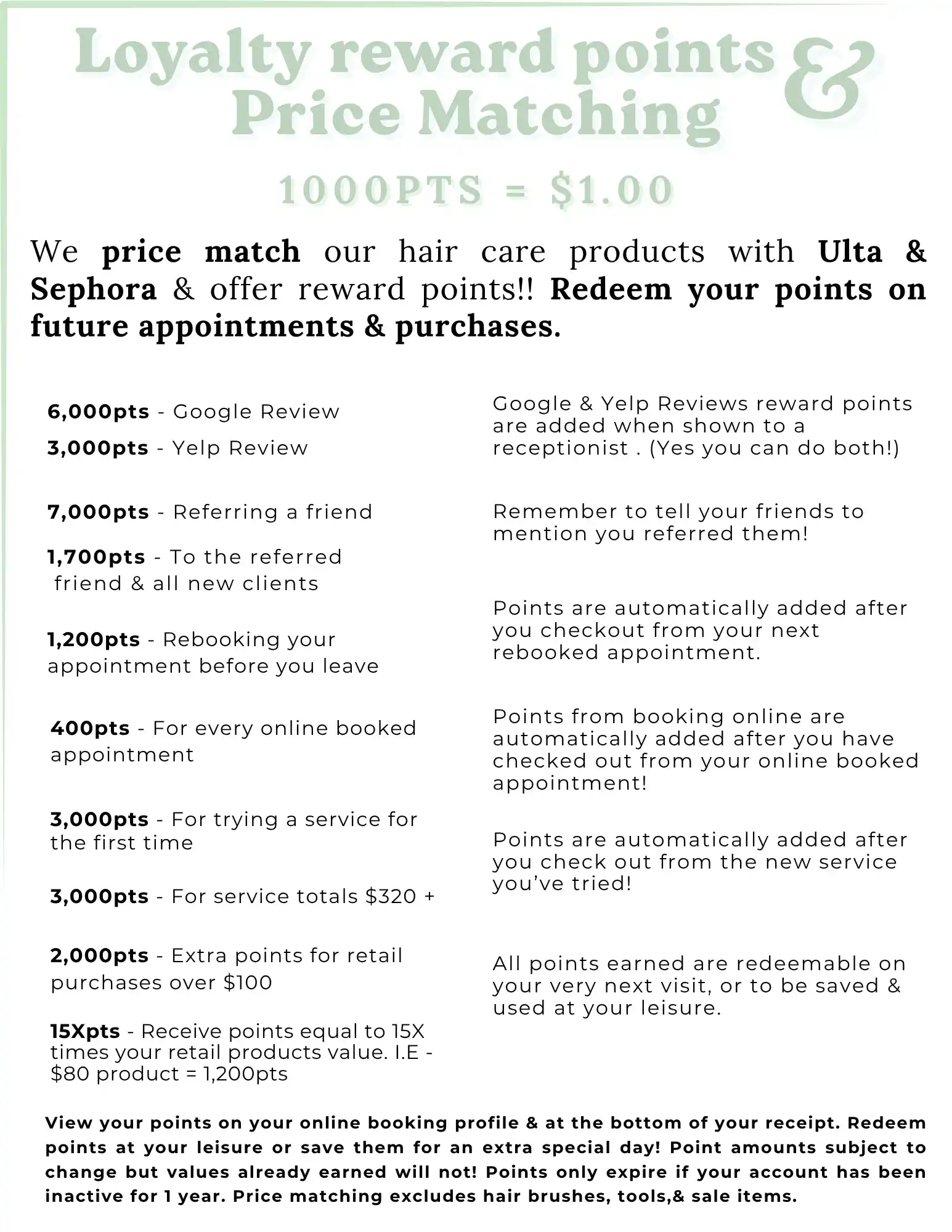 Loyalty program details with points system, price matching, and referral benefits.