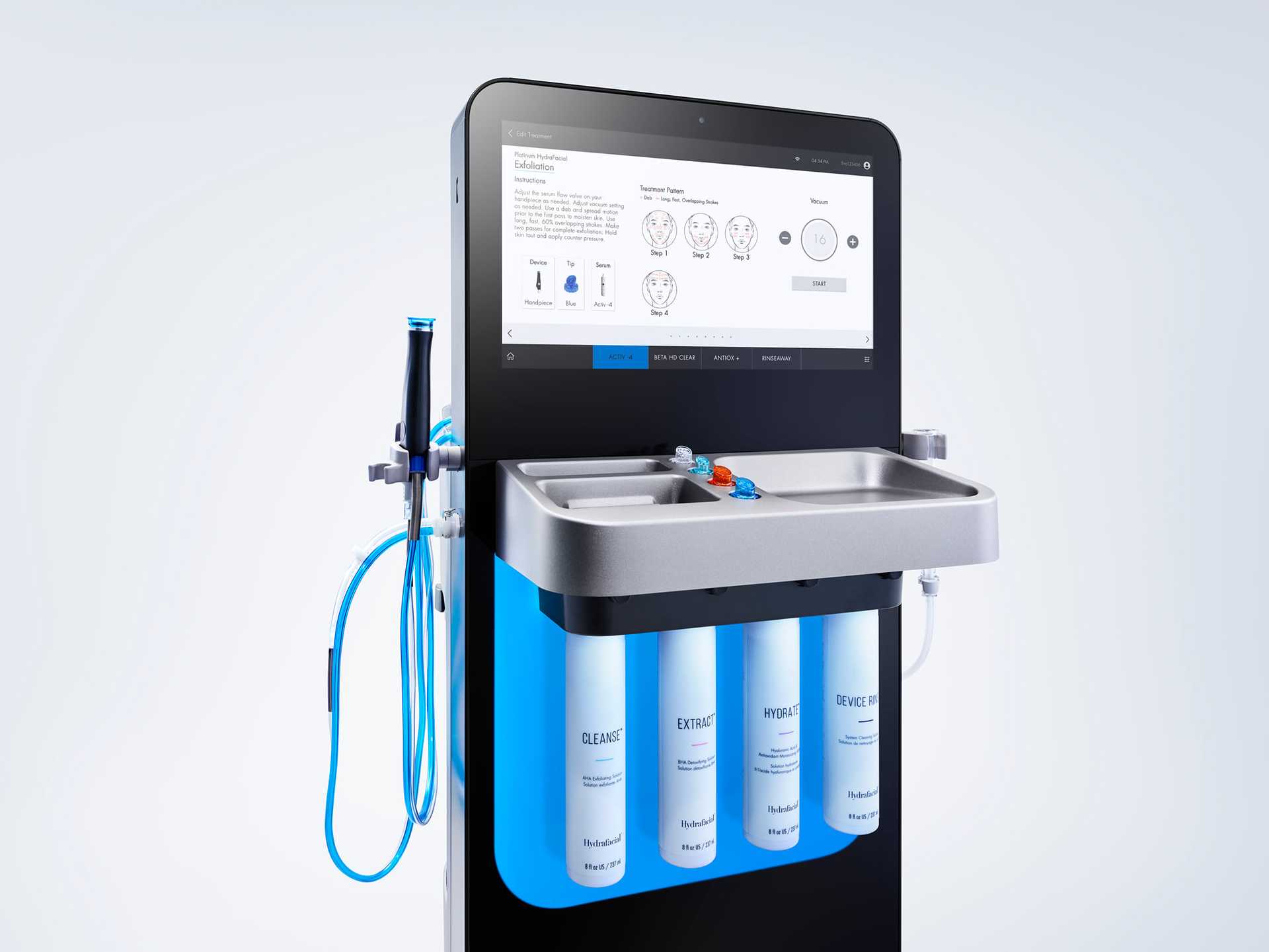Interactive dental hygiene station with screen, tools, and water filters displayed.