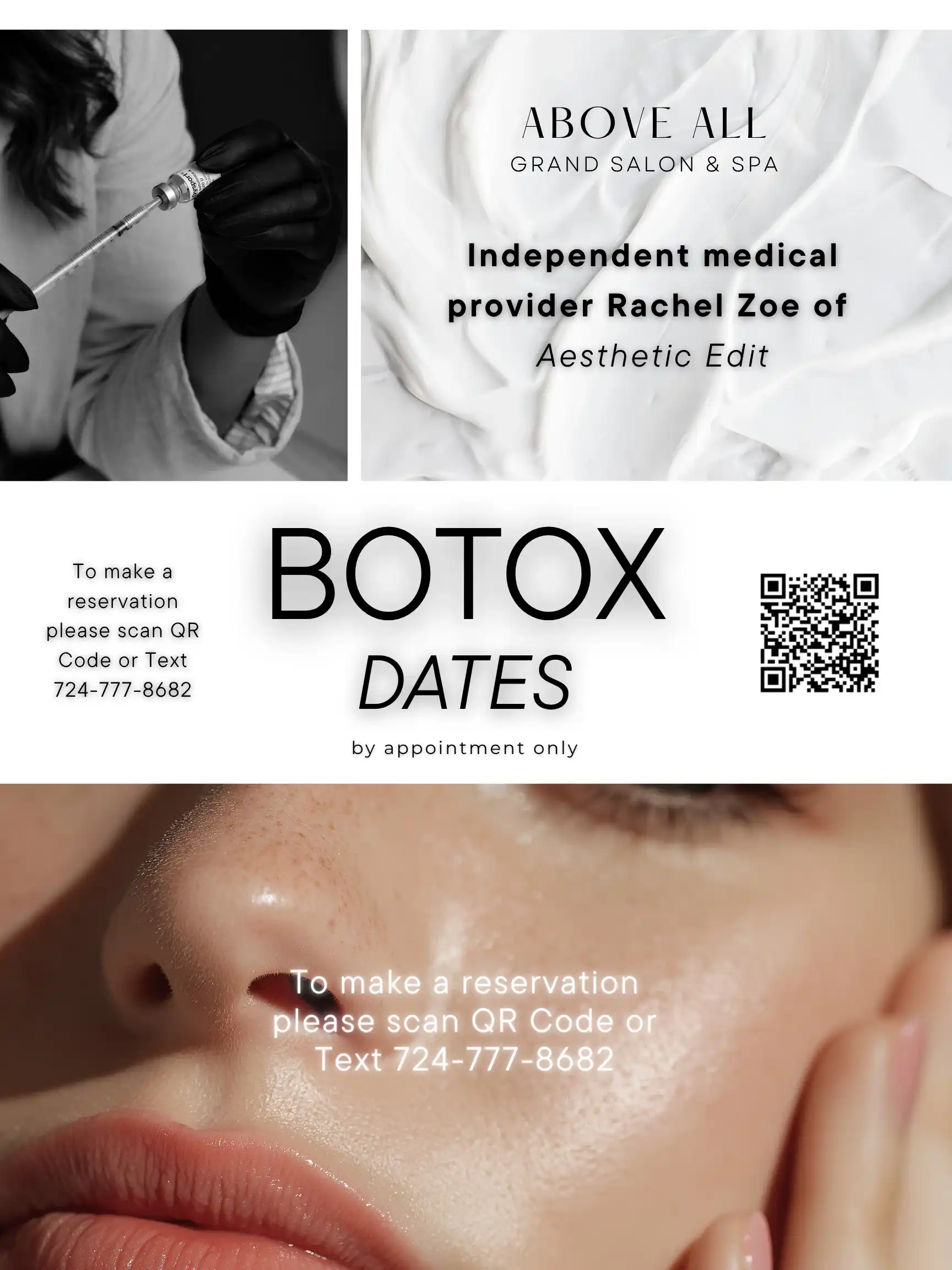 Botox appointments available; contact via QR code or text for reservations.