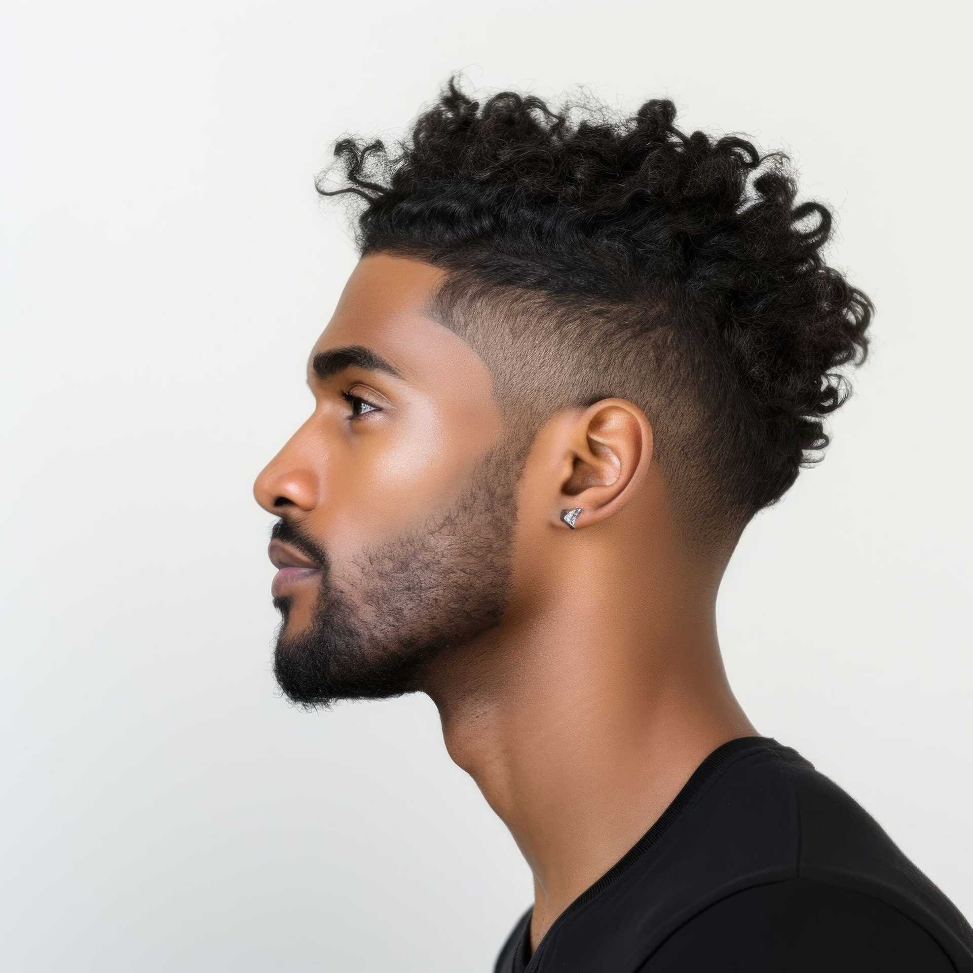 Profile of a man with curly hair and beard, wearing a black shirt, on a plain background.