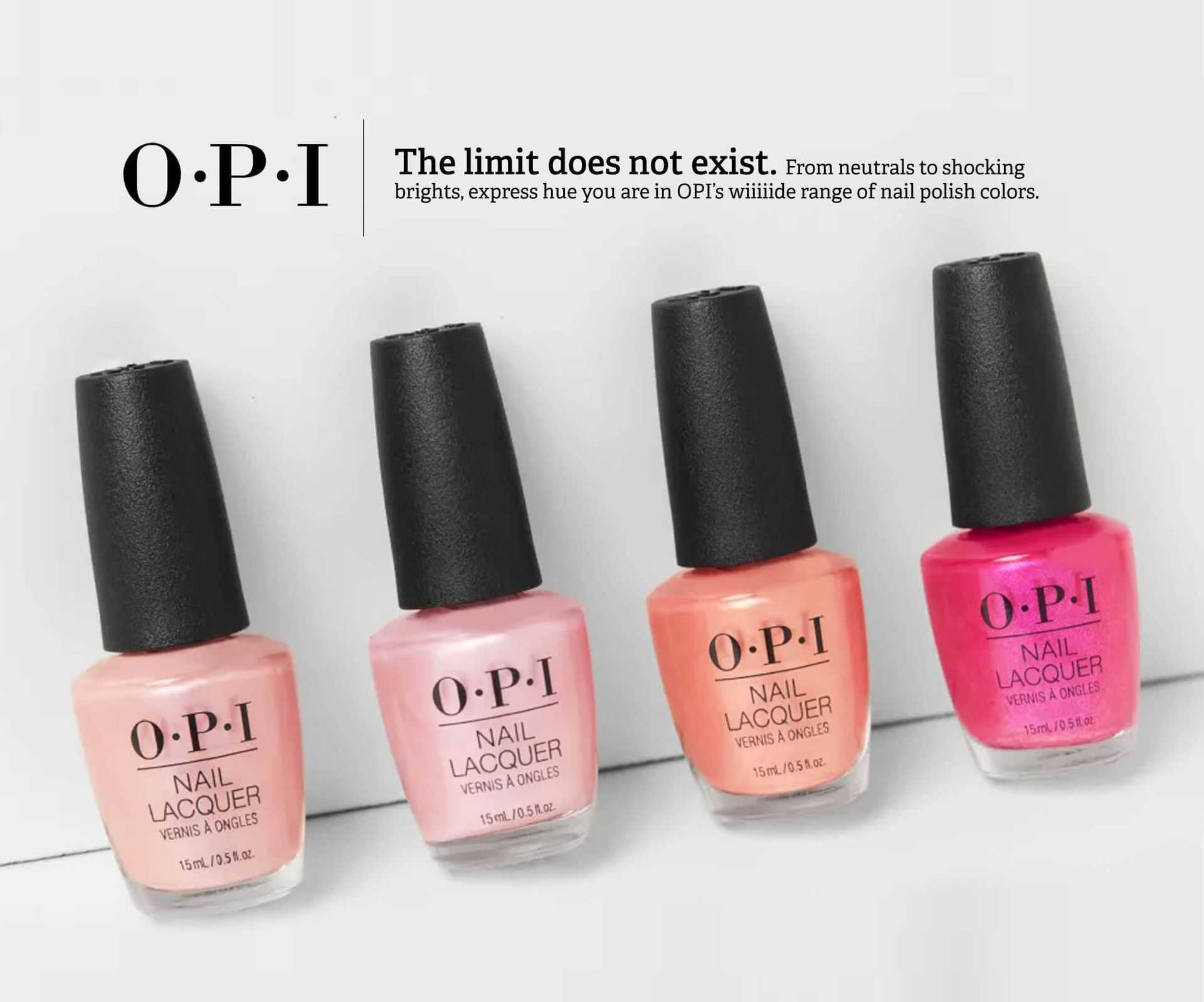 Four OPI nail polish bottles in neutral to bright colors with text describing the variety of hues.
